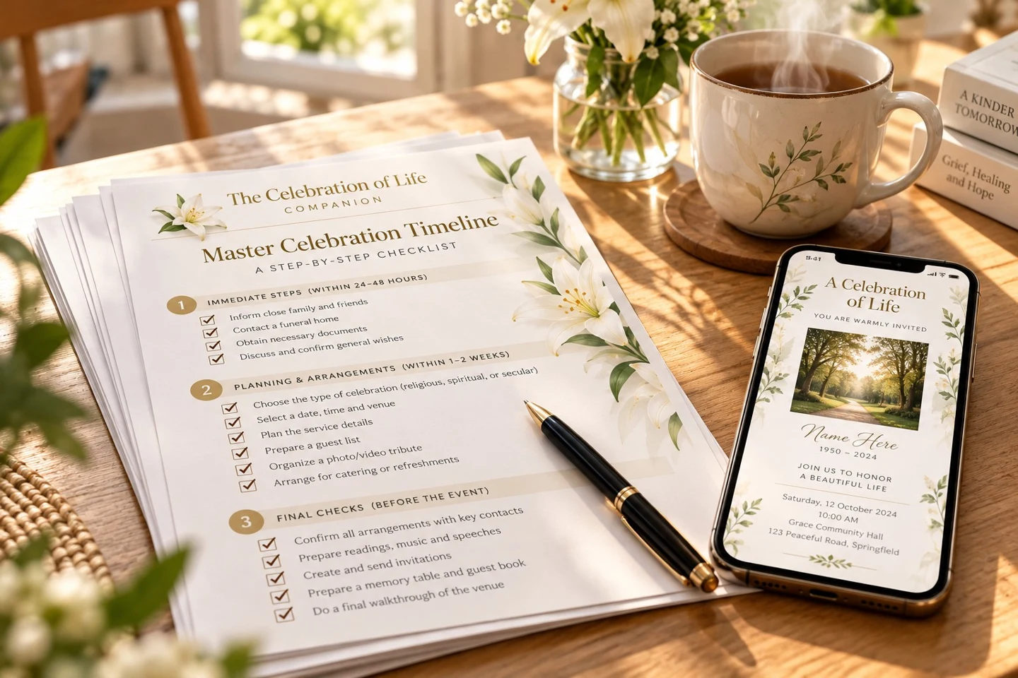 Celebration of life checklist and invitation displayed beside a cup of tea